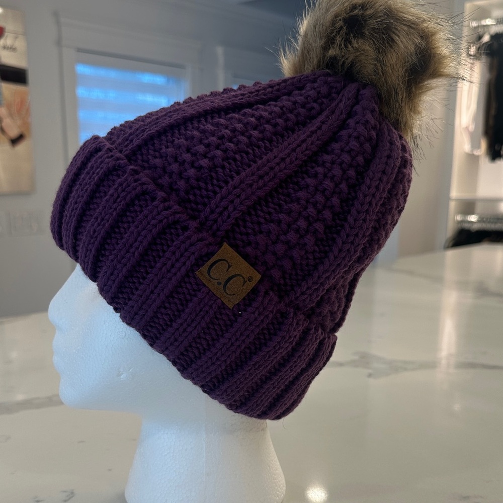 C.C Purple Knit Beanie with Faux Fur Pom